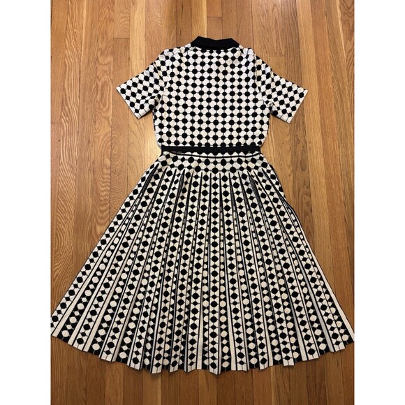 Tory Burch Jaquard Midi Polo Dress Black White Dots Belted Pleated A Line Size M - Picture 8 of 8